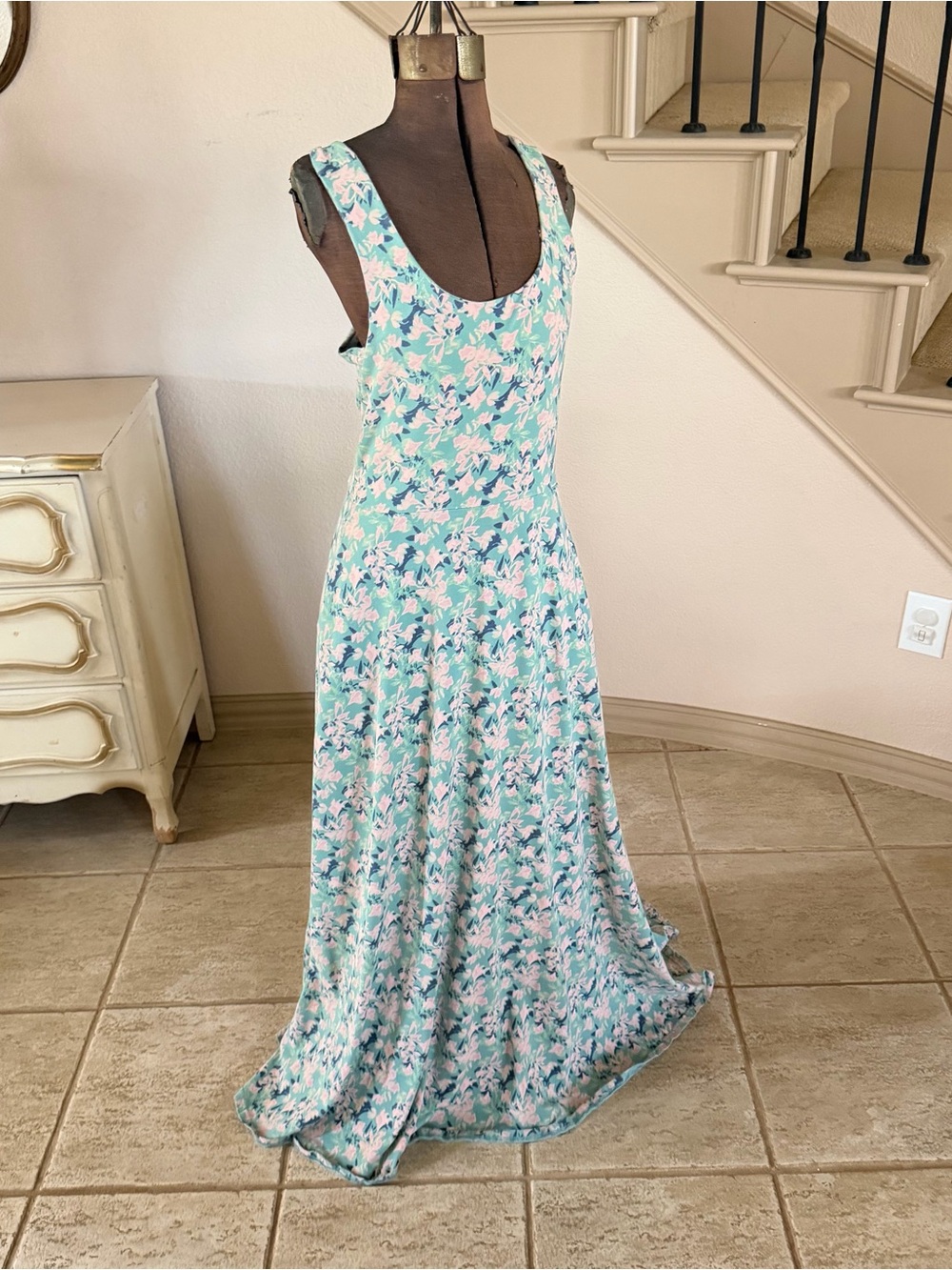 PACT Women’s Size L Organic Fit & Flare Open Back Maxi Dress Light Blue Floral - Picture 2 of 11